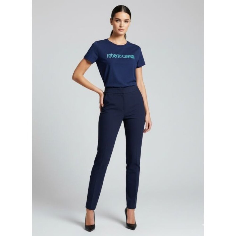 Roberto Cavalli Navy Blue Logo Print Shirt Sleeve T-Shirt Women's Size Large